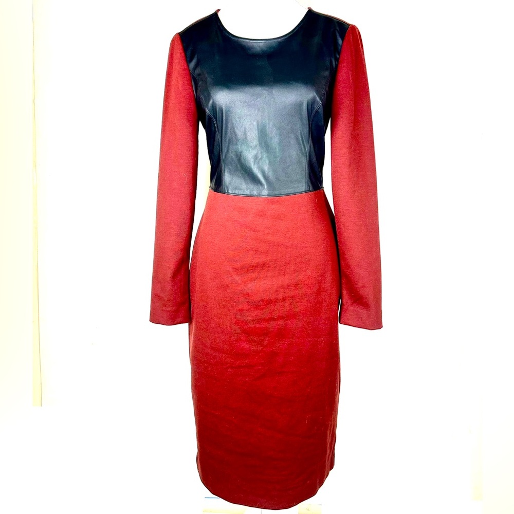 BCBG MaxAzaria Burgundy Dress with BCBG’s signature black faux Leather patchwork